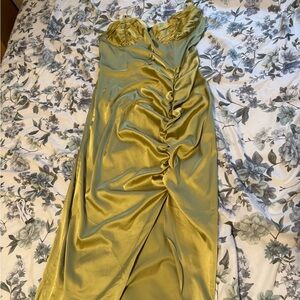 Cider Green Satin Ruched Midi Dress